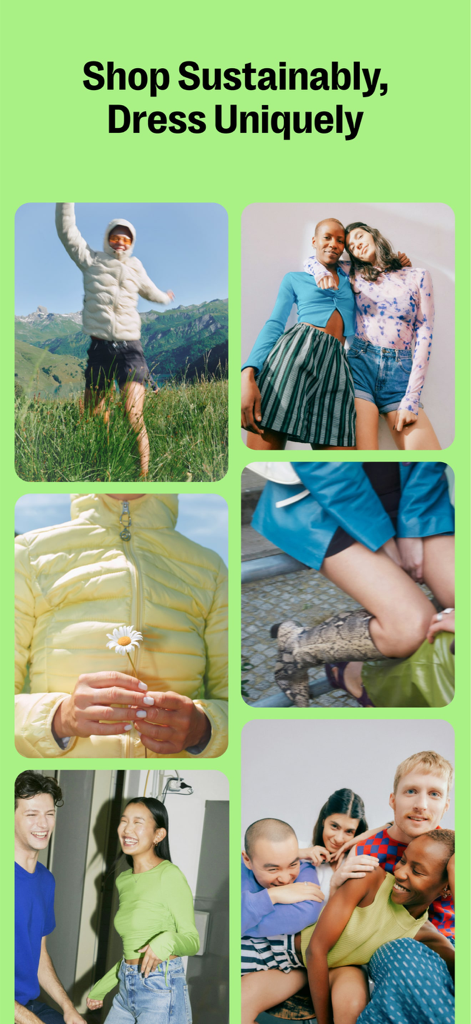 Diverse group of young adults wearing unique secondhand clothing with the headline Shop Sustainably Dress Uniquely