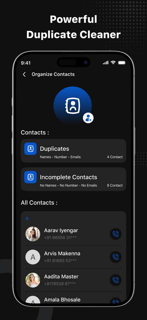 File Recovery - Photo Recovery - Interfaz de una aplicación móvil para identificar y limpiar contactos duplicados