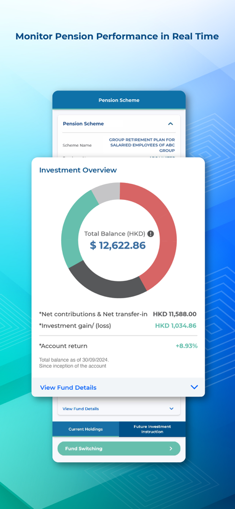 iFAST ePENSION app interface displaying an investment overview with a total balance donut chart and account return statistics.