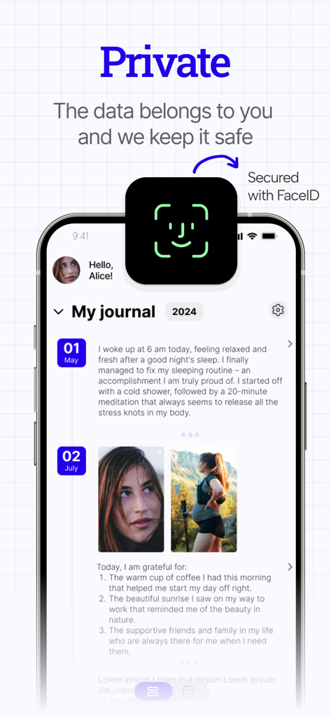 Daily Journal: ULY - Secure digital journal interface with FaceID protection and private multimedia entries