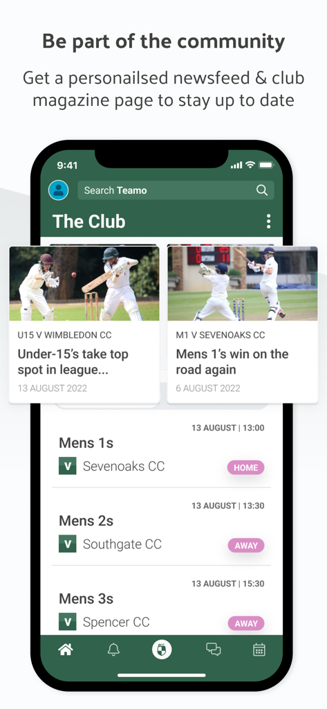Interface de l'application Teamo affichant un fil d'actualité personnalisé du club et les horaires des équipes