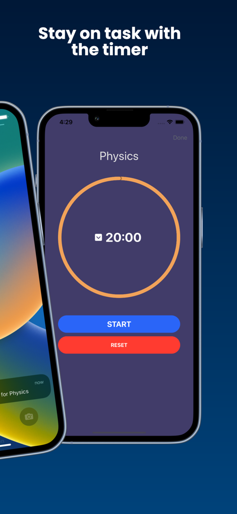 Study Planner Exam Countdown - Interface do temporizador de foco no aplicativo Planejador de Estudos Contagem Regressiva para Provas mostrando uma contagem regressiva de vinte minutos para um exame de Física