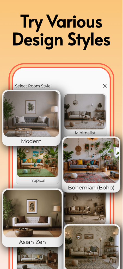 Interfaz de la aplicación de diseño de interiores que muestra opciones para varios estilos como Moderno, Bohemio y Minimalista