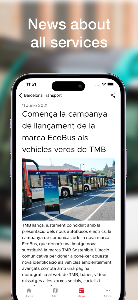 Barcelona Transports - The news section of the Barcelona Transports app displaying latest updates on public transit services and eco-friendly buses.