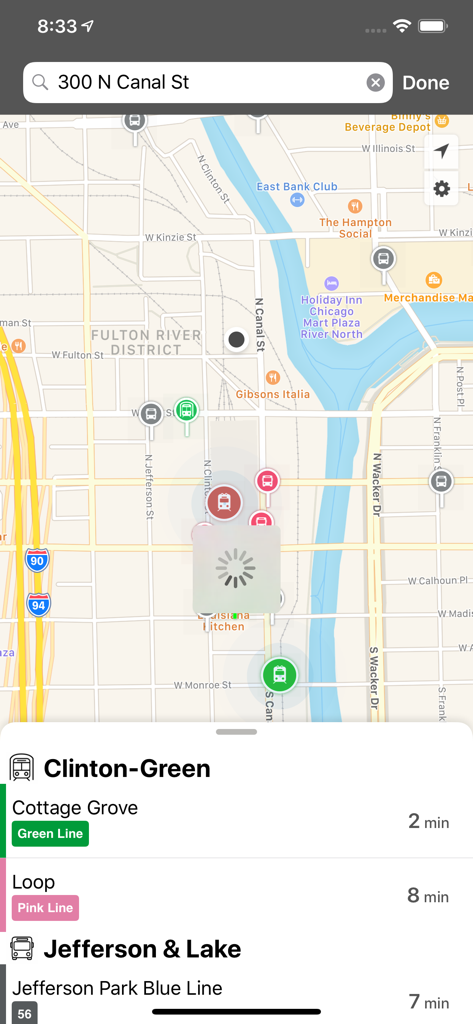 onTime Metra, CTA - Map interface of onTime Metra CTA app showing real-time train arrivals and countdown timers for Chicago transit stations