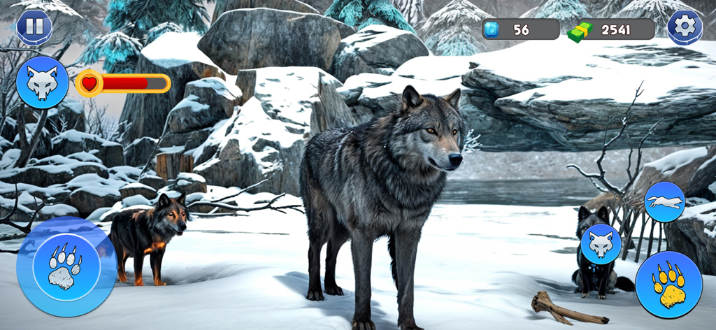 Wolf Simulator: Wild Craft RPG - ゲームUI要素を備えた雪山の風景の中に立つリアルな3Dオオカミ。