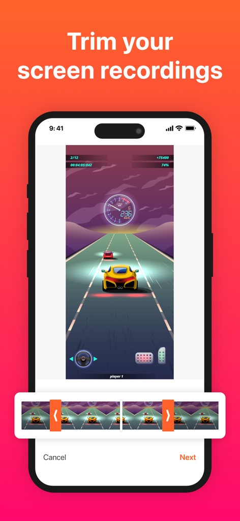 Screen Recorder with Audio - Interfaccia dell'app mobile che mostra uno strumento di taglio video utilizzato per modificare una registrazione dello schermo di un gioco di corse automobilistiche