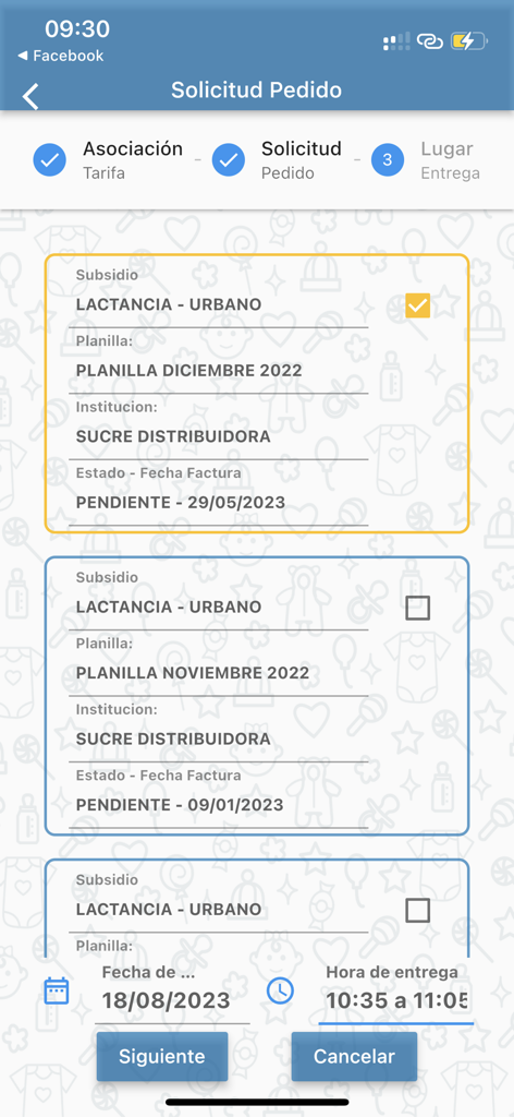 Mi Subsidio - Mi Subsidio app order request screen for selecting subsidies and scheduling delivery time