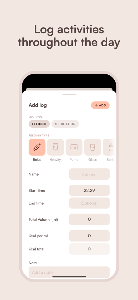 Tubie - Tube Feeding - Interface of the Tubie app showing the Add log screen to track feeding activities including volume and calorie intake