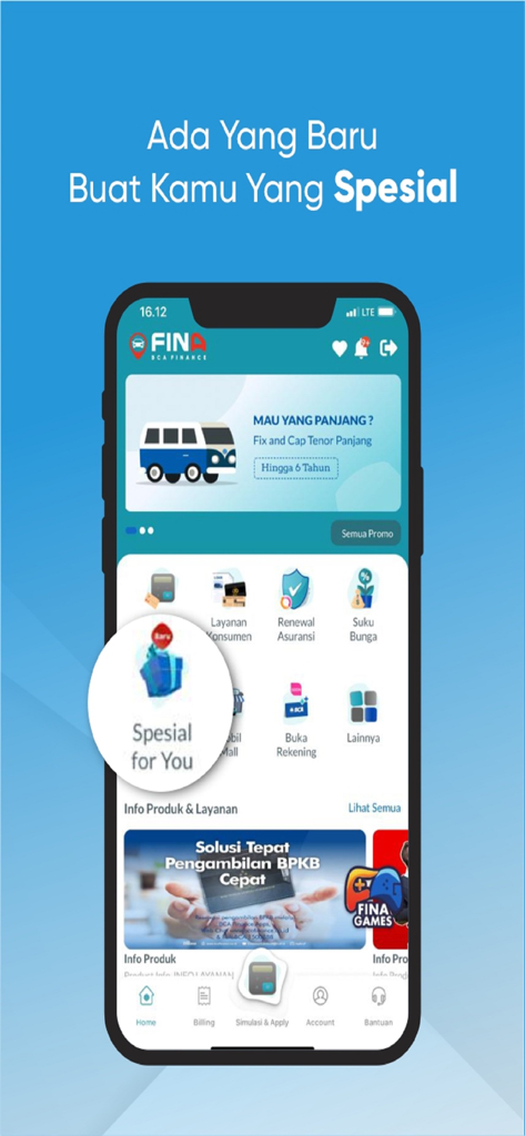 BCA Finance - The main dashboard of the BCA Finance mobile app featuring loan promotions and financial service menus.