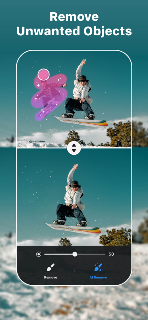 Before and after comparison of a photo showing the removal of an unwanted person from a snowboarding background using Polish AI