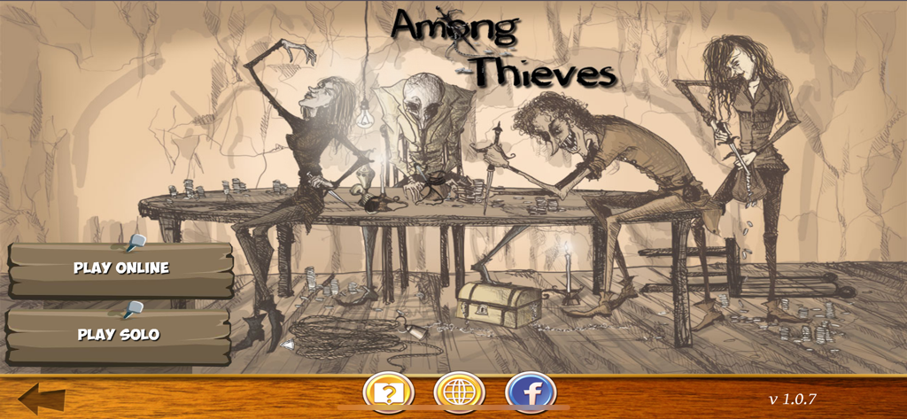 Among Thieves - Among Thieves mobile game main menu with hand-drawn character sketches and play options