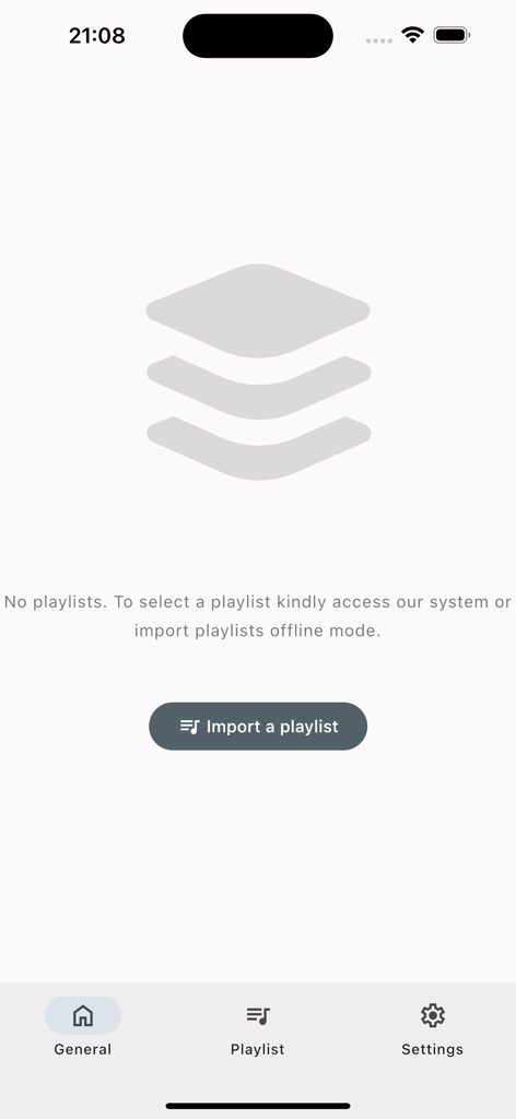 Interface de l'application OttPlayertv montrant un écran de playlist vide avec un bouton pour importer une playlist