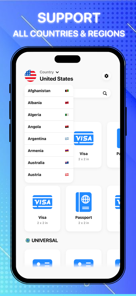 ID Photo: Passport Photo - A mobile app interface displaying a list of countries for passport and visa photo document selection