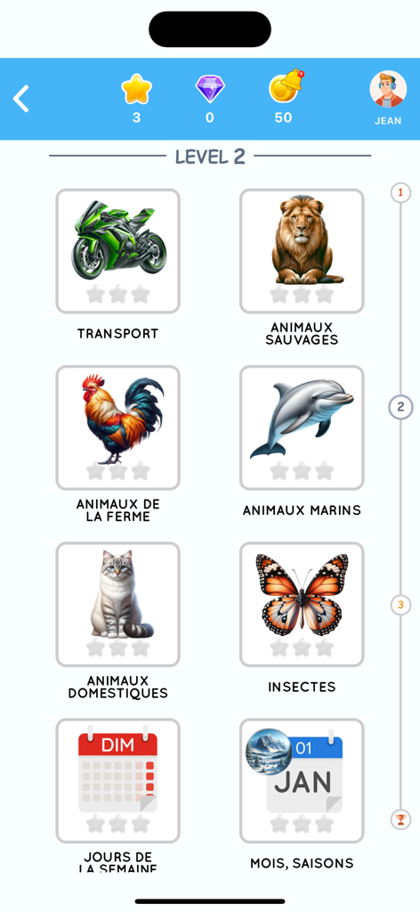Interface of the Learn French for beginners app showing Level 2 vocabulary topics like animals transport and calendar