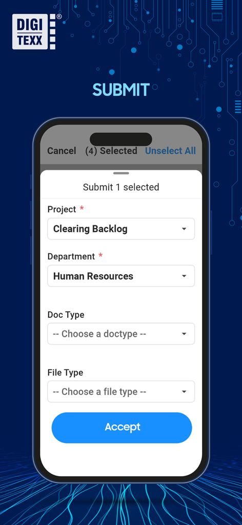 Digi Scan App - Digi Scan App interface showing document submission fields for project and department selection.