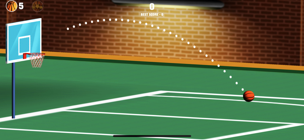 Basketball Shooting Game: Dunk - Captura de pantalla del juego que muestra un balón de baloncesto con una línea de trayectoria blanca discontinua apuntando a la canasta en una cancha verde.