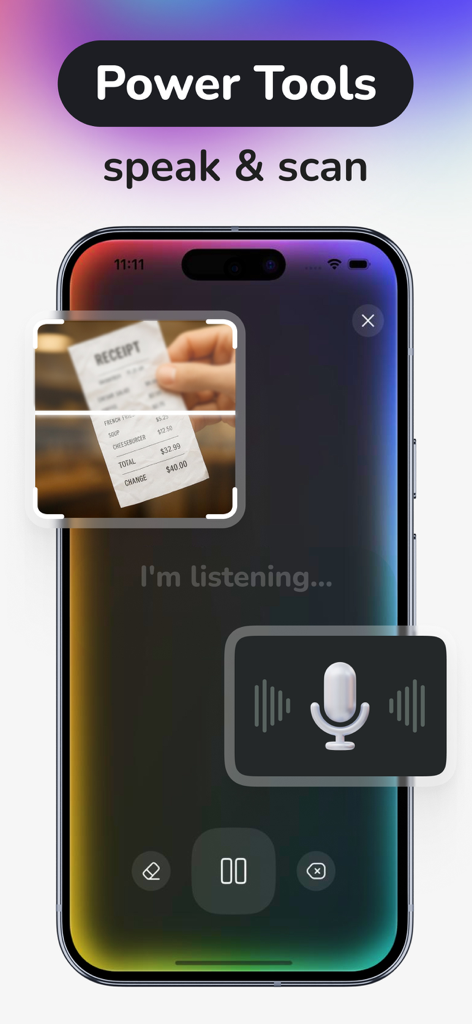 Smartphone screen showcasing voice input and receipt scanning tools for automated expense tracking.
