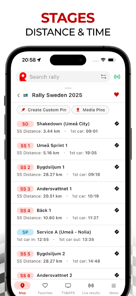 RallyPin - Mobile app interface showing a schedule of rally stages for Rally Sweden with distances and start times.