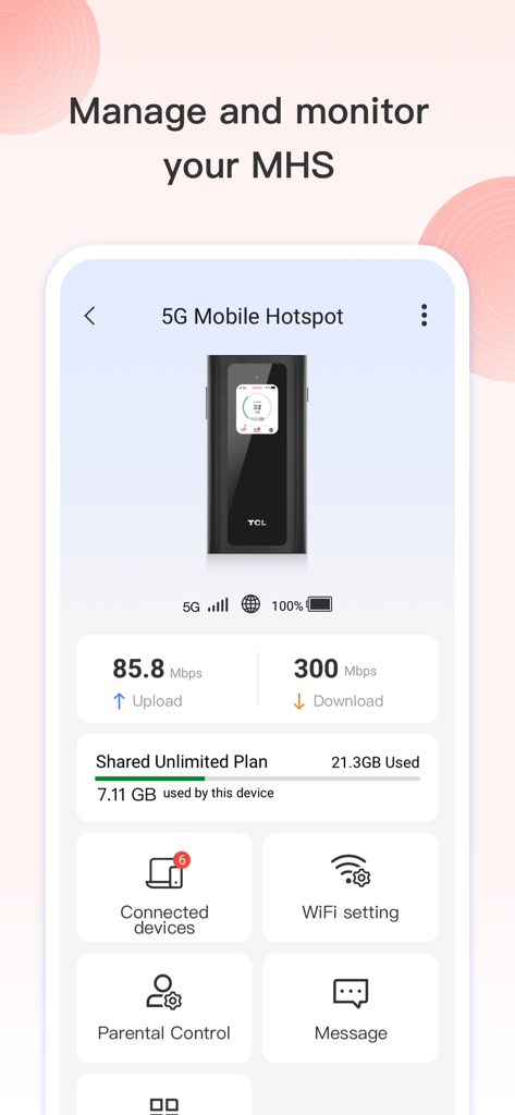 TCL Connect - Interface de l'application TCL Connect pour la gestion d'un hotspot mobile 5G montrant les vitesses de connexion et l'utilisation des données