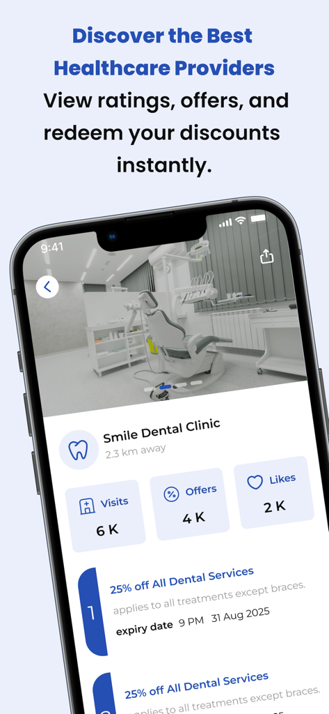 Takaful Al Arabia app showing dental clinic discounts and healthcare provider offers
