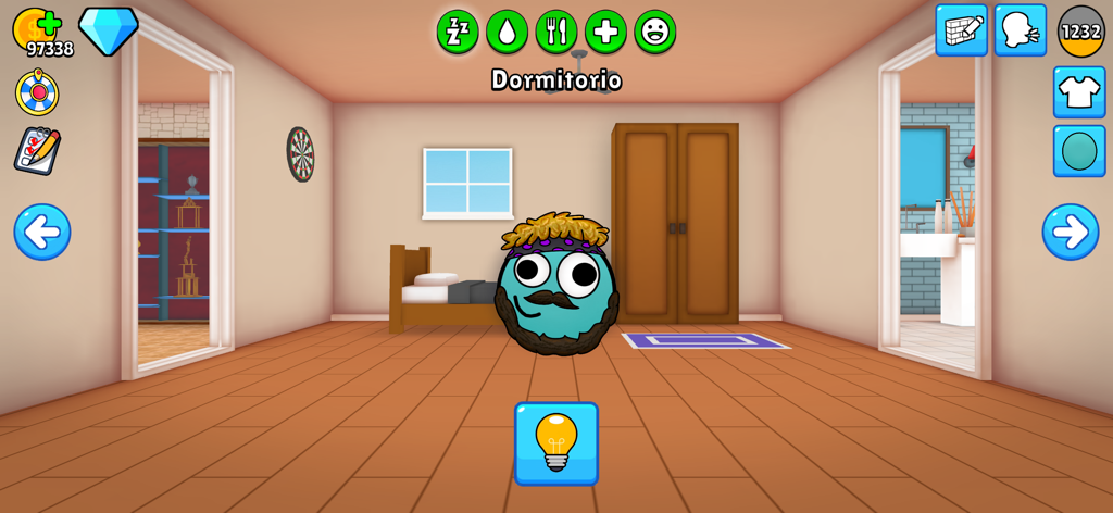 Um personagem de pet virtual DOU personalizado com bigode e faixa na cabeça em seu quarto.