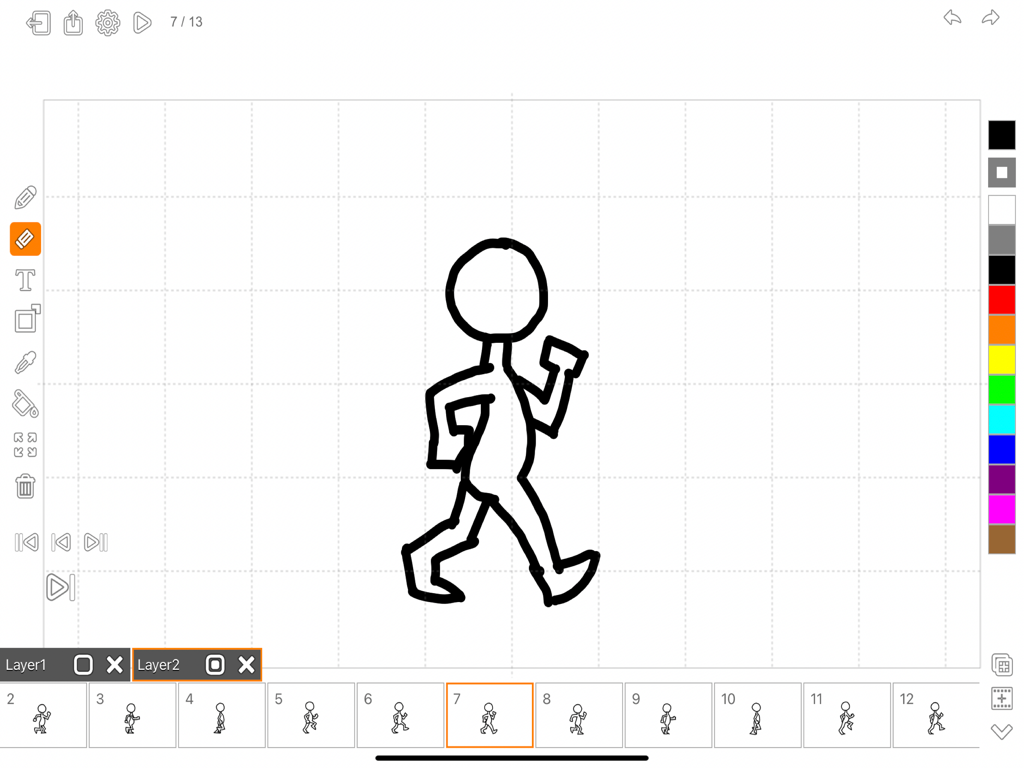 Animator Plus - Interface of the Animator Plus app showing a hand-drawn walking stick figure on an animation timeline.