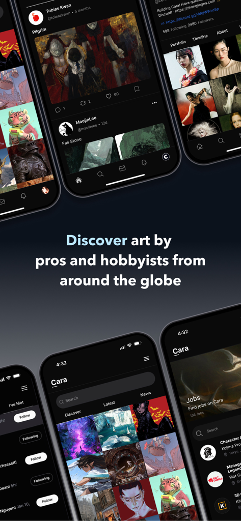 Interface of Cara Art and Social app showing an art discovery feed and job listings for professional artists