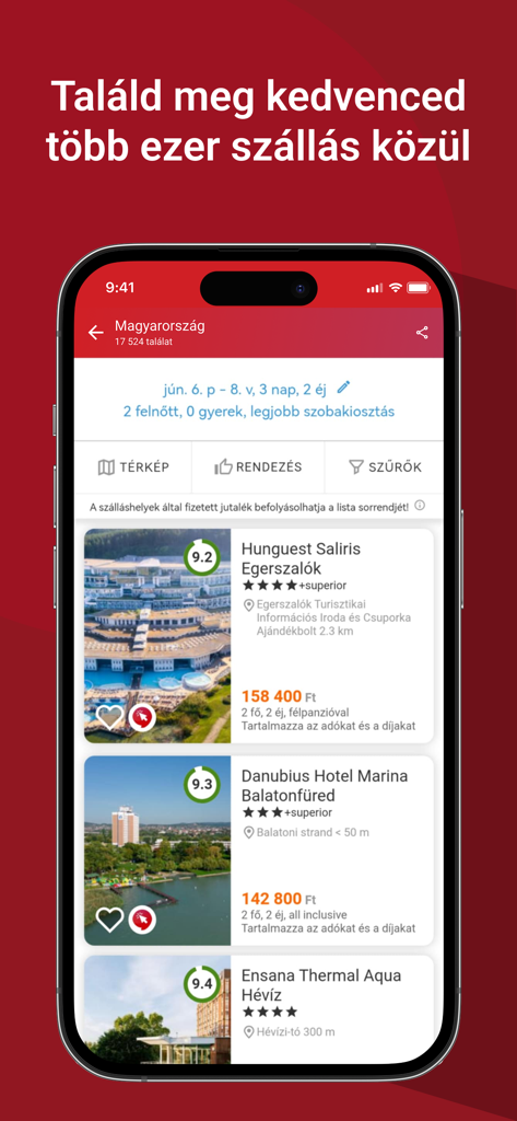 Szallas.hu - Szallas.hu mobile app interface showing a list of hotel search results in Hungary with guest ratings and prices