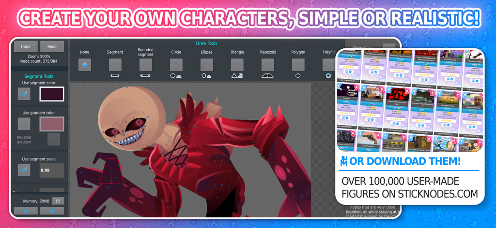 Stick Nodes Animator interface showing character creation tools and a library of downloadable user made figures