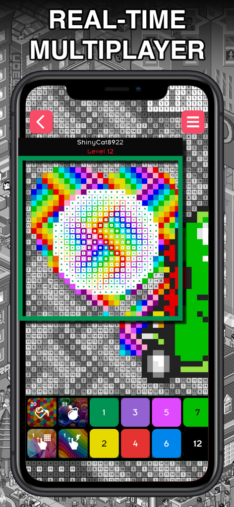 Ein Smartphone-Bildschirm, der eine Echtzeit-Multiplayer-Pixelkunst-Malen-nach-Zahlen-Spieloberfläche mit bunten Mustern zeigt.