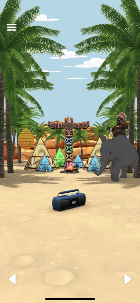 Una caprichosa escena de un pueblo tropical en Nunca Jamás con un tótem de elefante y coloridas tiendas de campaña