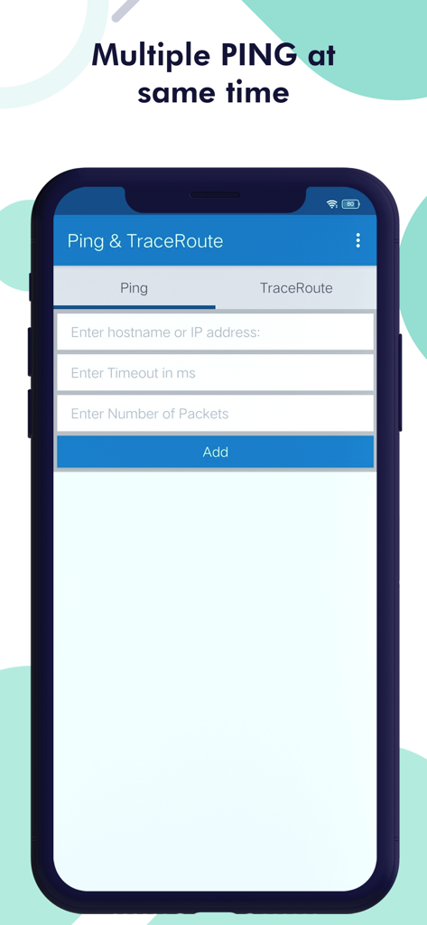 Benutzeroberfläche der Ping and Trace Route App mit Konfigurationsfeldern zur Durchführung mehrerer gleichzeitiger Ping-Tests, einschließlich Hostname-Timeout und Paketanzahl.