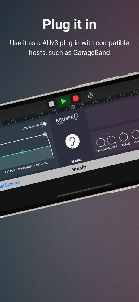 Brusfri - Brusfri audio noise reduction app interface shown as an AUv3 plugin