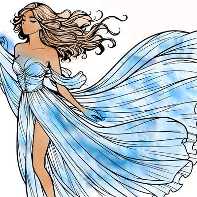 realistic woman in dress flowing the the wind