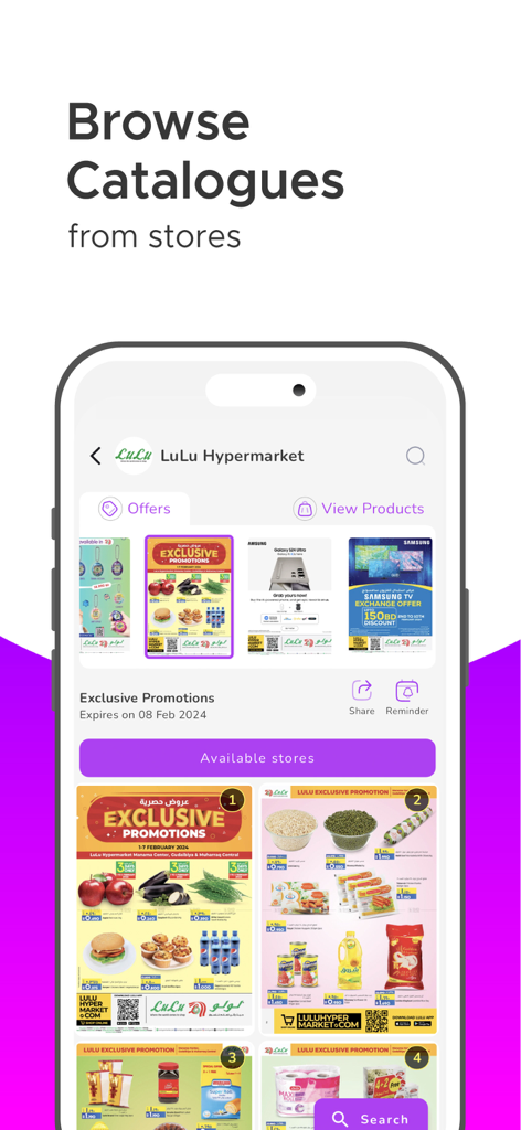 D4D Shopping Offers & Coupons - Mobile App-Oberfläche mit exklusiven Einkaufskatalogen und Angeboten von Hypermärkten