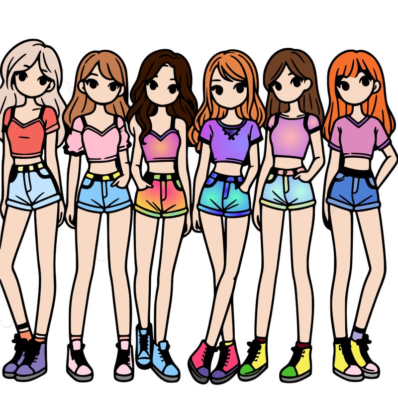 a group of girls wearing crop tops and shorts