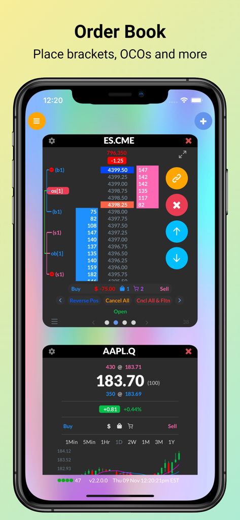 Rithmic Trader Pro™ - Rithmic Trader Pro mobile interface showing an order book for futures and a stock price chart.
