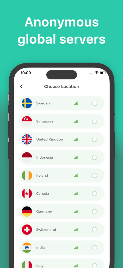 App VPN - Super Fast Unlimited - 국제 VPN 서버 위치 목록을 보여주는 iPhone 앱 인터페이스