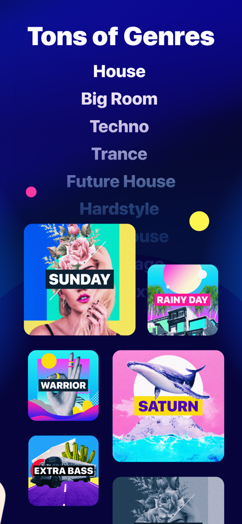Pantalla mostrando géneros EDM como House y Techno con portadas artísticas de paquetes de sonido en la aplicación Electro by Drum Pads 24