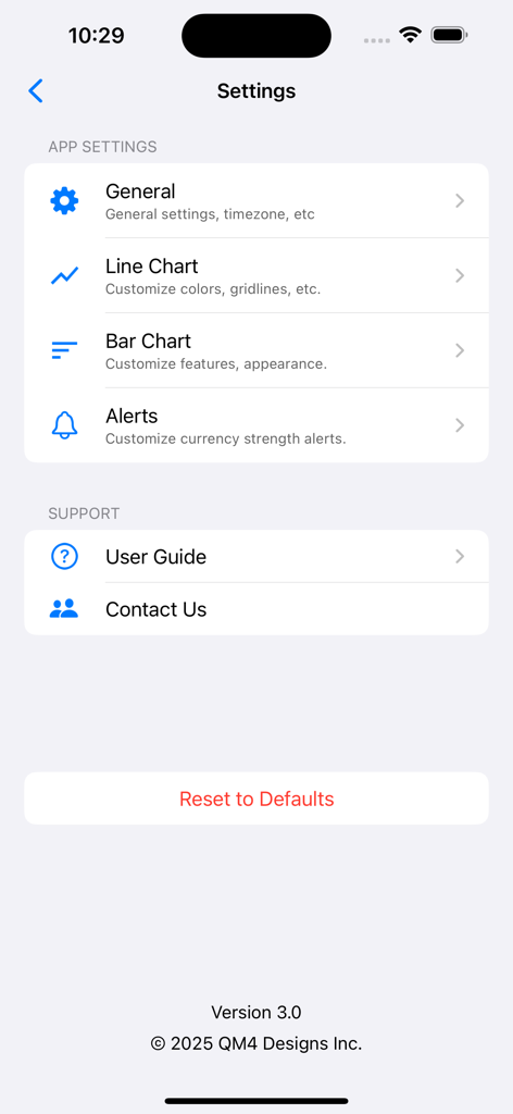 The settings screen of the Forex Strength Meter Pro app showing customization options for charts and alerts.