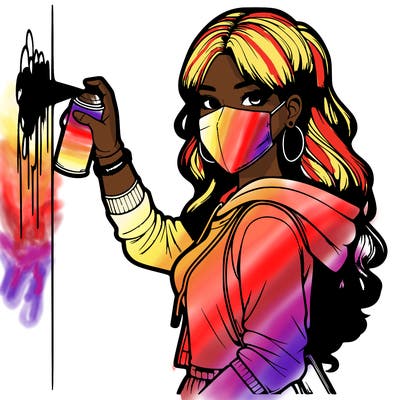 realistic girl with mask spray painting a wall