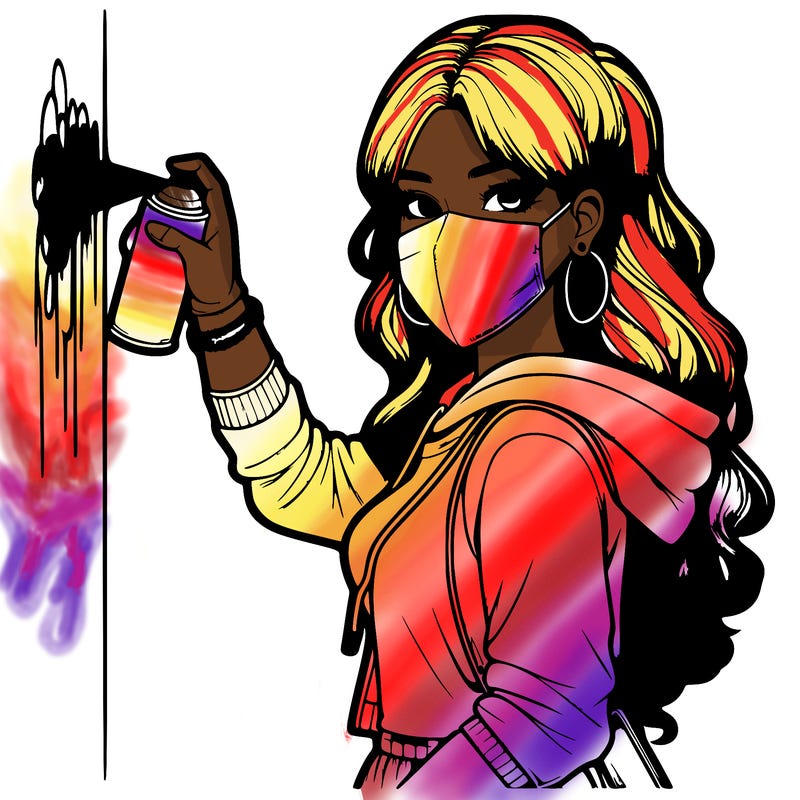 realistic girl with mask spray painting a wall