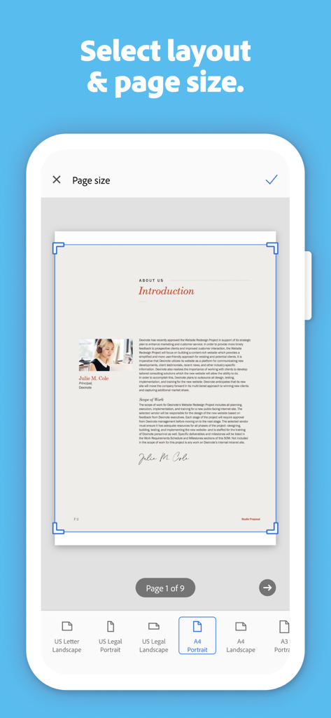 A4 및 US Letter와 같은 문서 레이아웃 및 페이지 크기를 선택하는 Adobe Scan 모바일 앱 인터페이스
