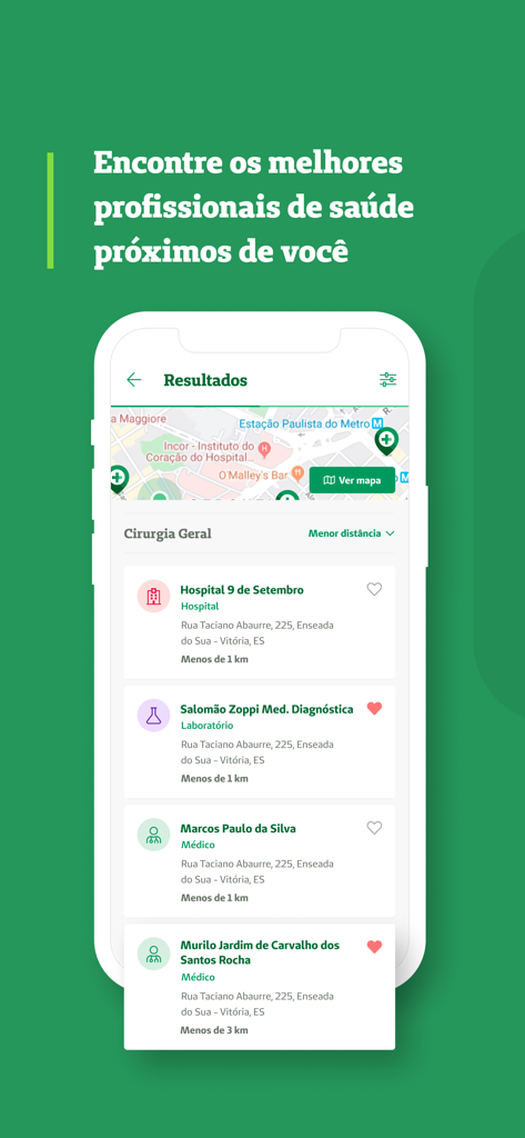 Unimed Goiânia - Interface of the Unimed Goiânia app displaying a list of nearby hospitals and doctors