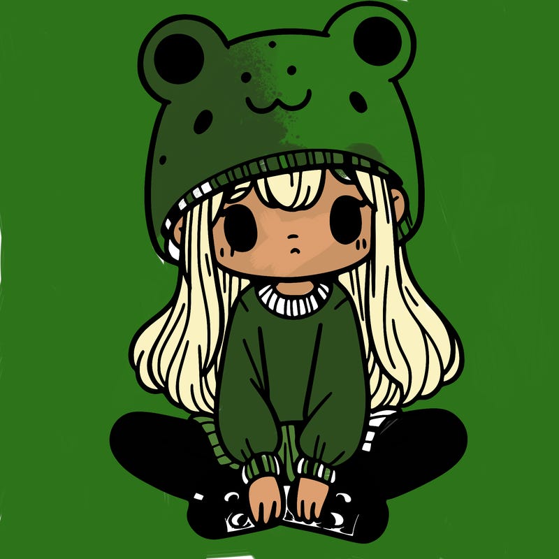 a girl wearing a frog hat and some frog socks
