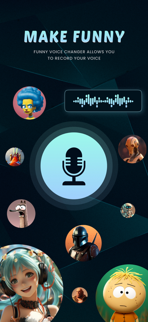 AI Voice Changer Funny Effects - A mobile app screen showing a microphone button for recording voice with various character avatars for fun audio effects.