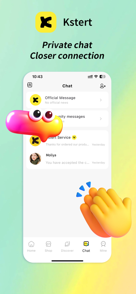 Kstert app chat screen showing messaging interface with private and official messages
