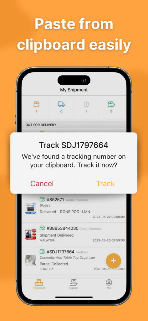 Tracking.my - Package Tracker - Uma tela móvel mostrando o aplicativo Tracking.my com uma notificação pop-up que detecta automaticamente um número de rastreamento da área de transferência para iniciar o rastreamento facilmente.