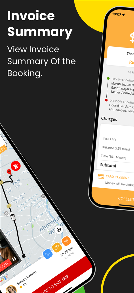 Interface of the TaxiCube Driver app showing a trip navigation screen and a detailed invoice summary with fare breakdown.